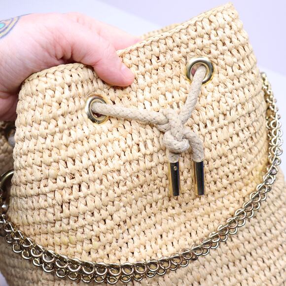 PACO RABANNE Natural Raffia Bucket Bag Gold Chain Link Top Handle Crossbody Bag - Picture 9 of 11